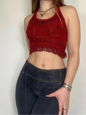 1990s Burgundy Halter embroidered Fringe Cropped Tank Top